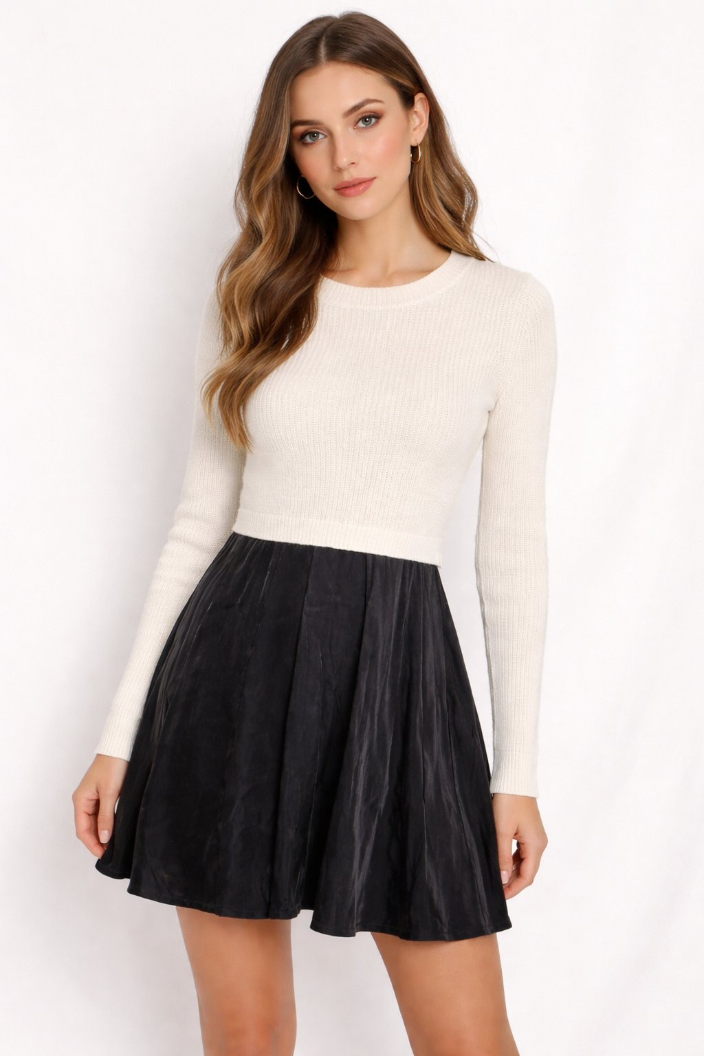 Club Monaco Ivory Sweater Black Satin Slip Skirt Dress / Size XS