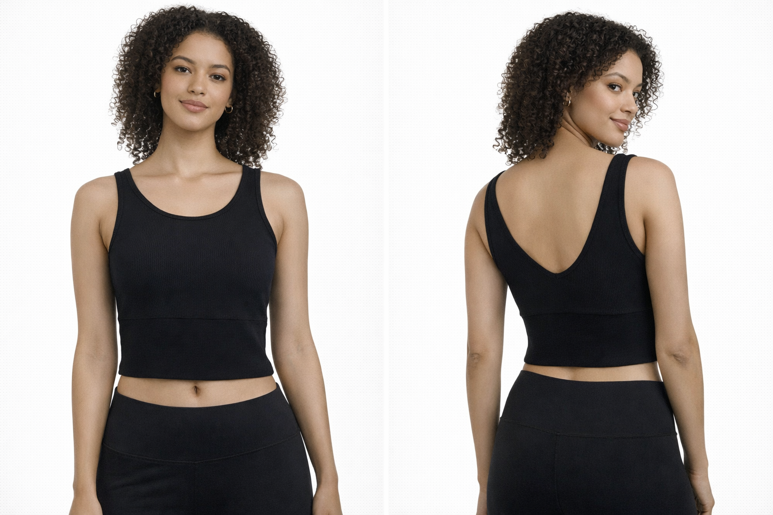 Woman wearing a black sports bra and leggings from front and back views on a white background