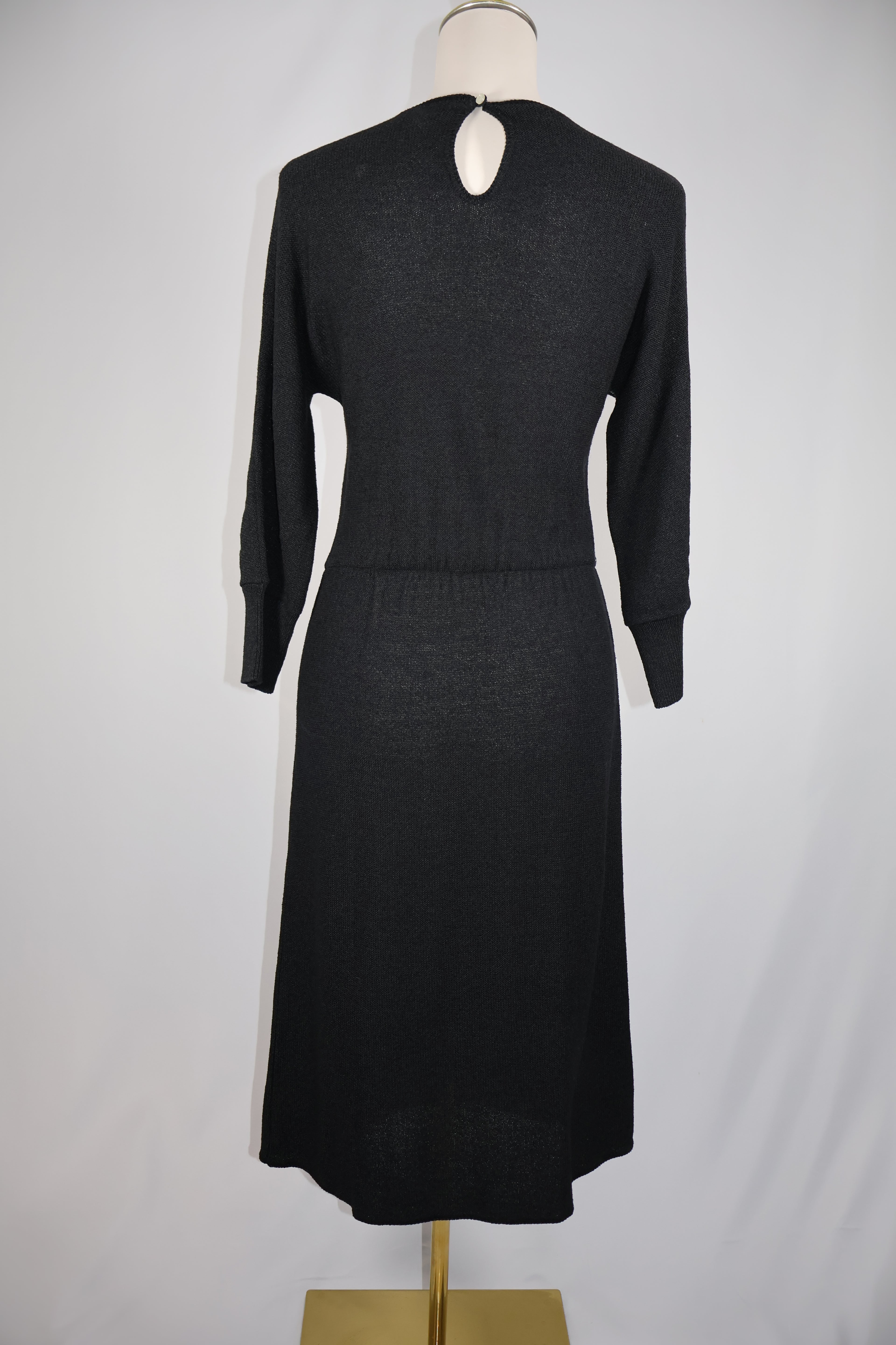 Vintage 1980s Oscar de la Renta Black Knit Dress with Metallic Stripe Detail / Size 10