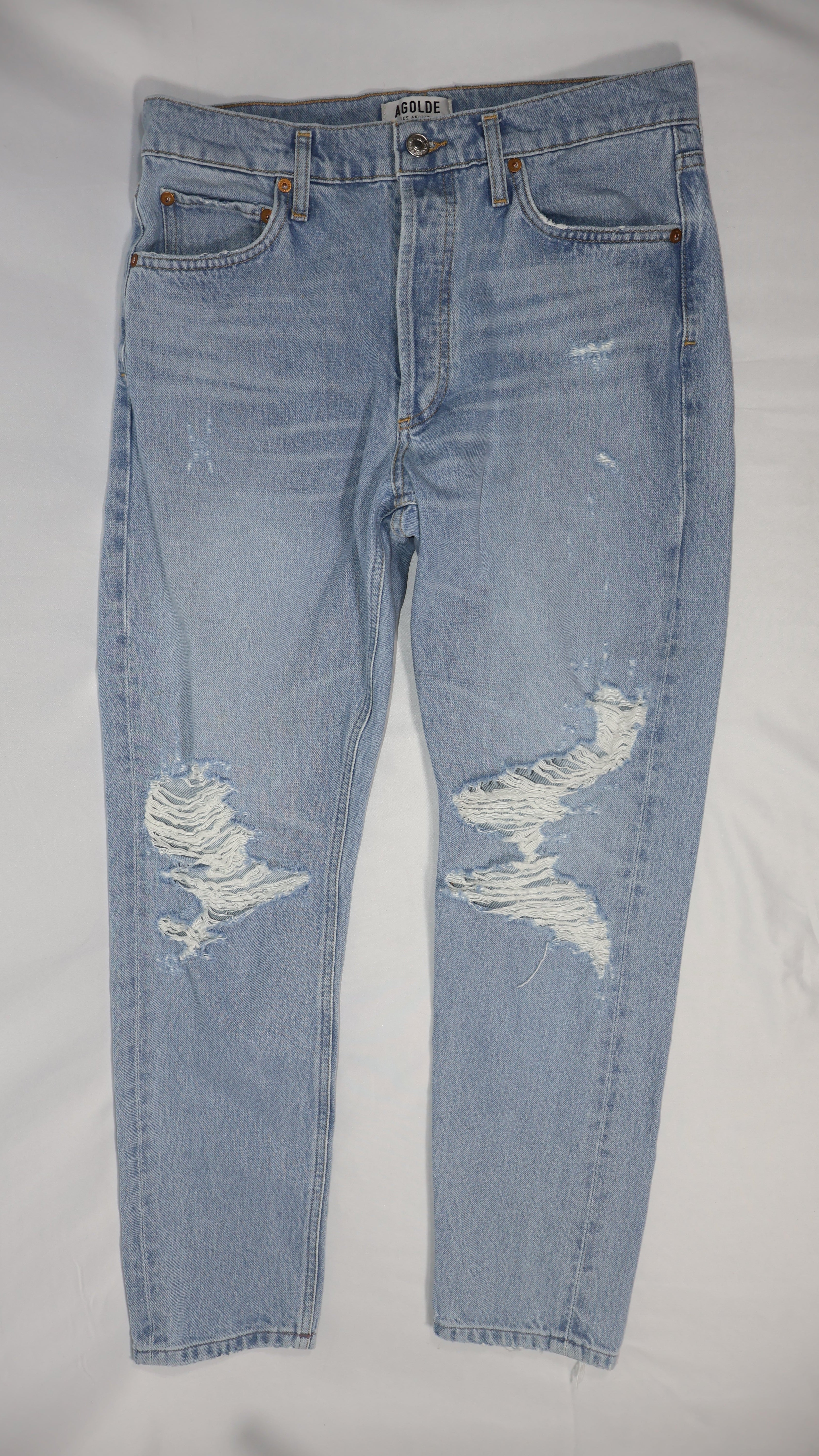AGOLDE Distressed Light Wash Straight Leg High Rise Jean / Size 28