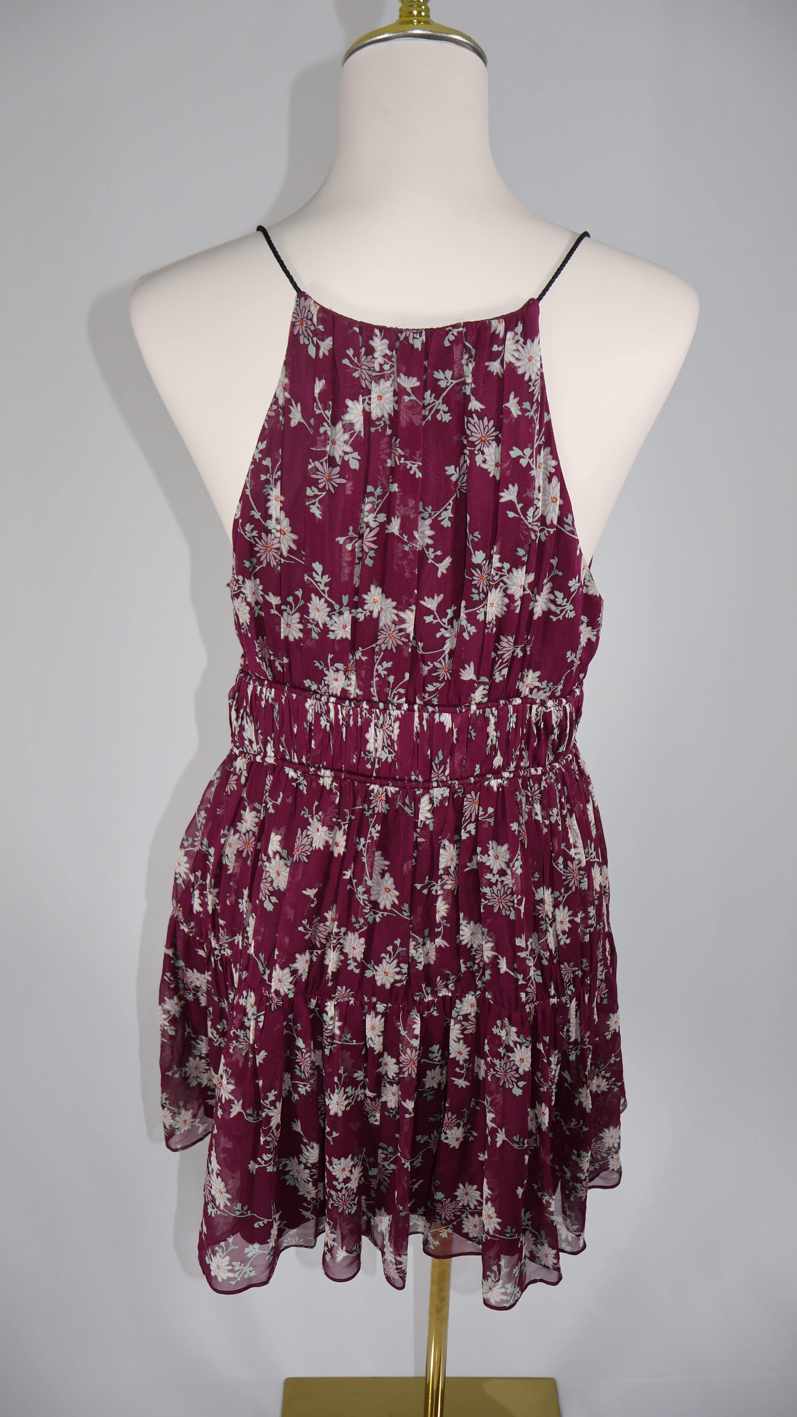 Cinq à Sept Silk Floral Mini Dress | Burgundy | Size Medium
