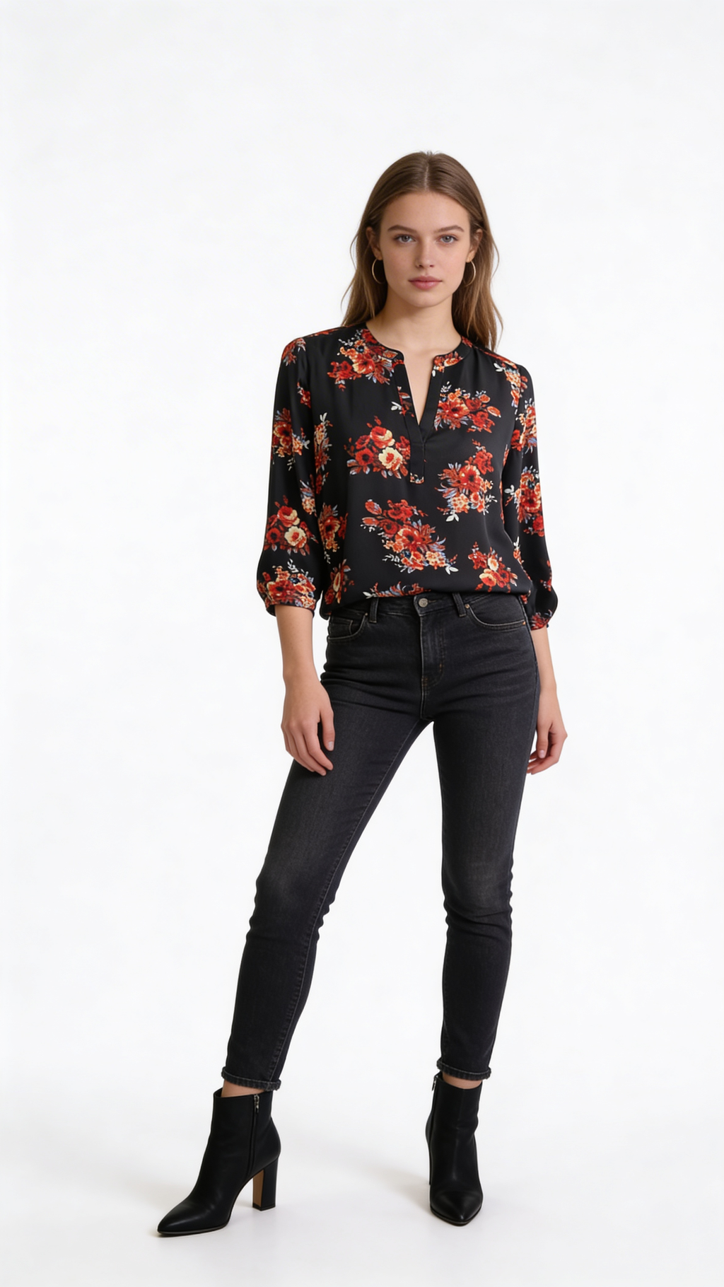 Daniel Rainn Black and Red Relaxed Mandarin Collar Blouse / Size XS