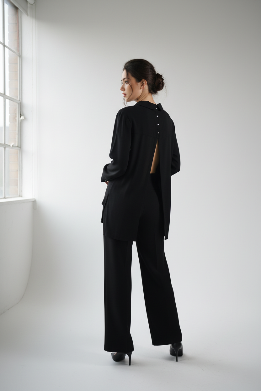 Black collar blouse with open back styled model photo