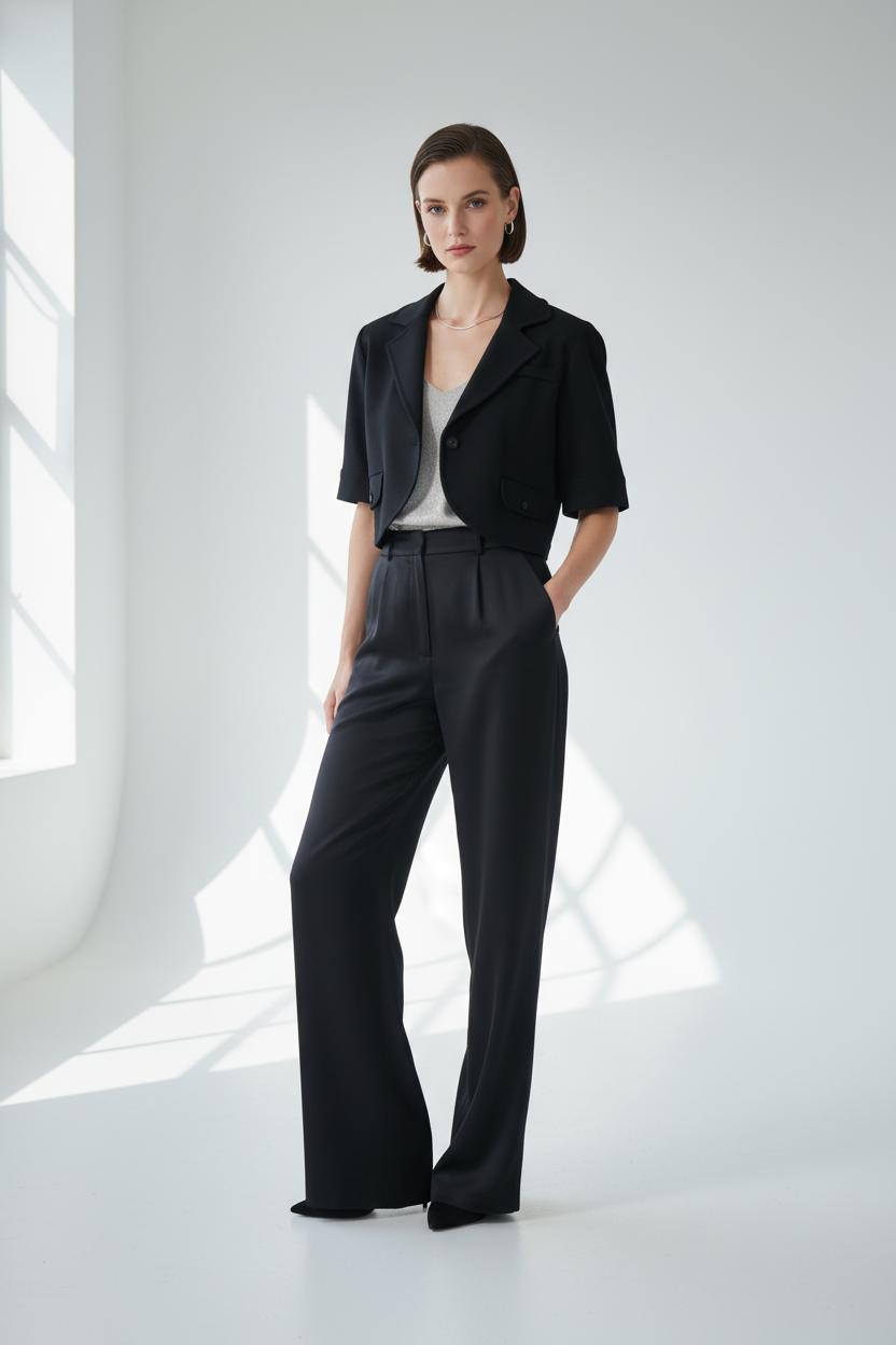 Black cropped bolero blazer styled model photo