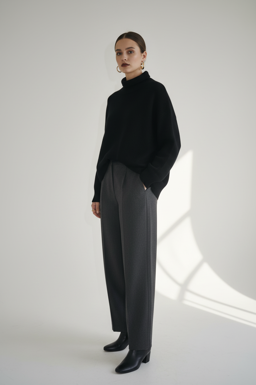 Black mock neck sweater styled model photo - no logo