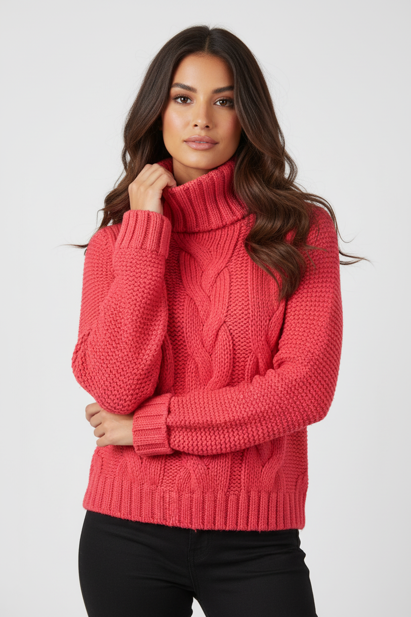Coral Cable Knit Turtleneck Sweater Model Photo