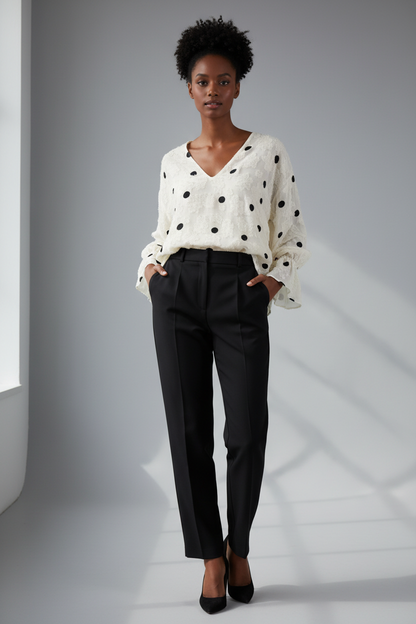 Model in Zara polkadot blouse