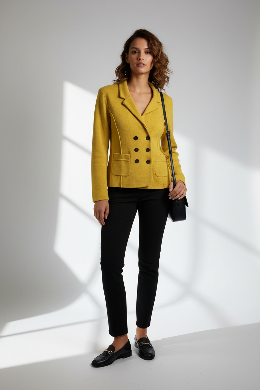 Mustard yellow double-breasted blazer styled model photo