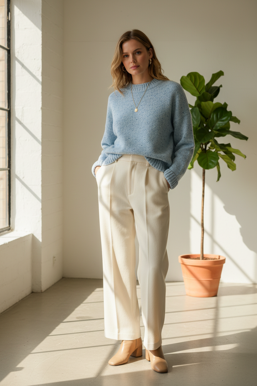 Speckled blue knit sweater styled model photo