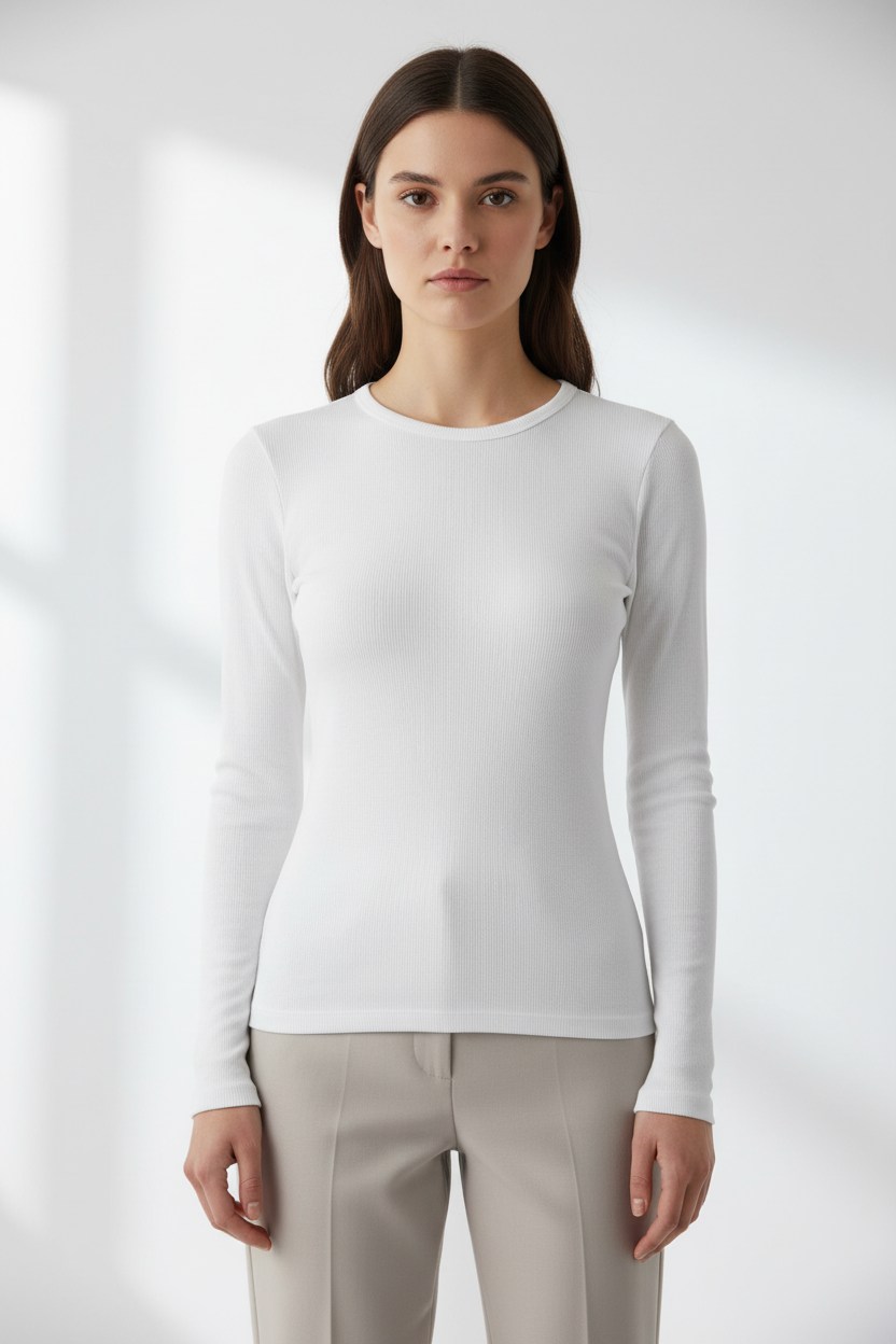 Splendid White Ribbed Long Sleeve Top - Full Body Model