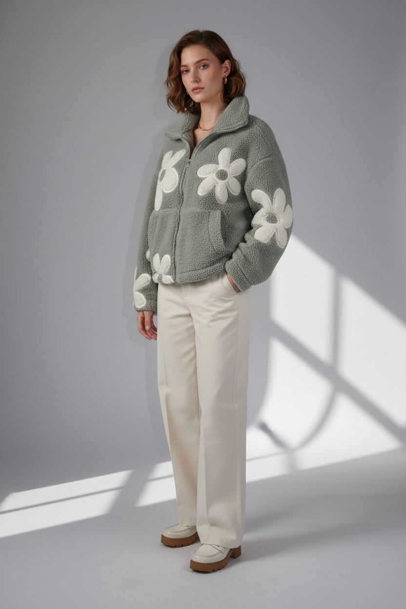 Thread and Supply High Pile Floral Jacket styled model photo
