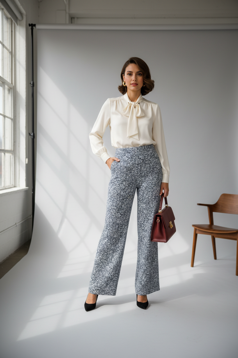 Yoana Baraschi speckled wide-leg pants styled model photo