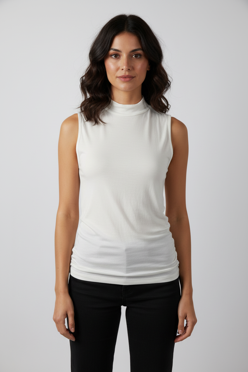 Zenana Sleeveless Mock Neck Top on Model